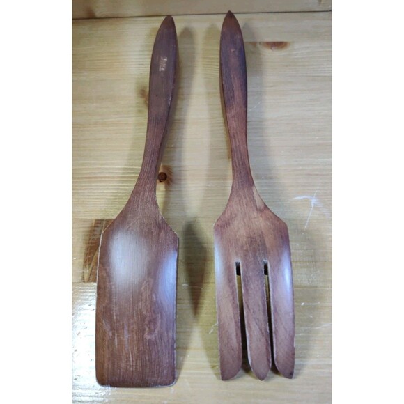 Vintage Wooden Salad Utensils Fork 12" Serving Set Made in Canada MCM Style Read - Picture 3 of 8